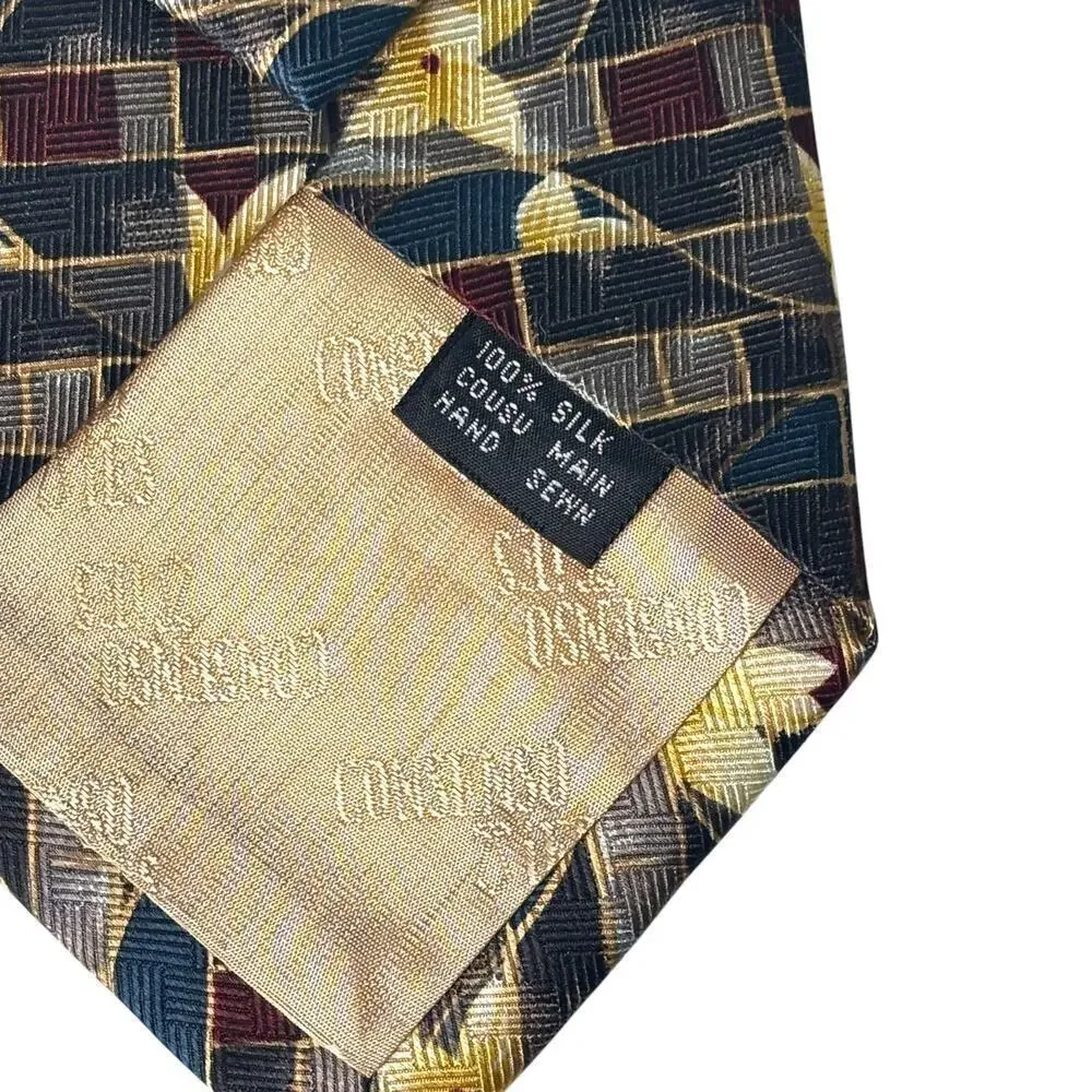 Consenso Uomo Hand Sewn Silk Tie Gray Maroon Stripe Yellow Flowers